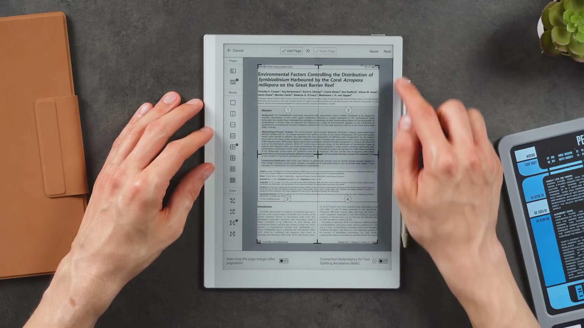 PDF-Spaltenansicht auf dem Go 10.3 Gen 2 Lumi mit vier nummerierten Seitenbereichen.