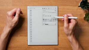 Go 10.3 zeigt das Stiftmenü mit Werkzeugen, Farbfeldern und Strichbreitenregler.