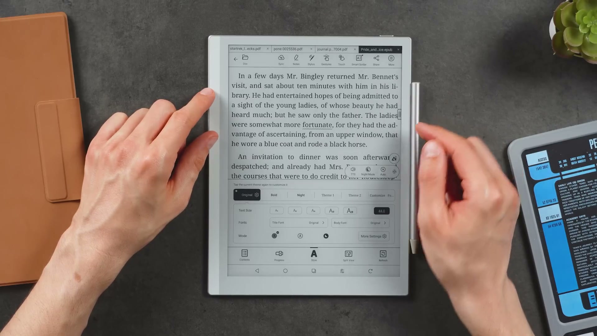 Go 10.3 Gen 2 Lumi mit großem Buchtext und geöffneten Stil-Einstellungen.