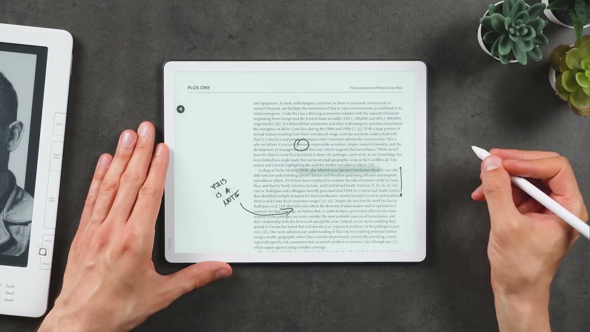 Kindle Scribe im Querformat mit PDF-Text, einer handschriftlichen Randnotiz und einem Pfeil.