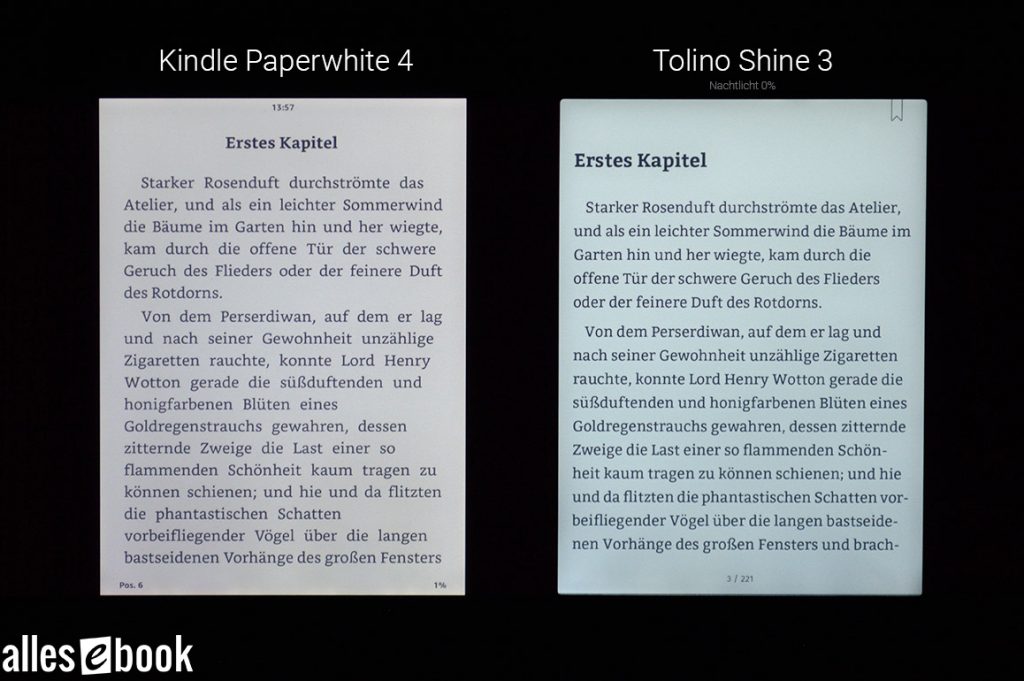 Beleuchtungen von Kindle Paperwhite und Tolino Shine 3 im Vergleich