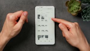 HiBreak Pro mit geöffneter Kindle-Bibliothek, kleinen Coverkacheln und weit auseinanderliegenden Reihen.