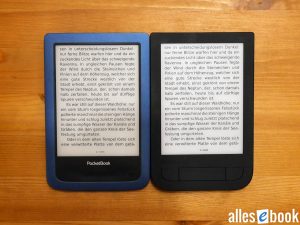 PocketBook Aqua 2 vs. PocketBook Touch HD 1: Der Bildschirmhintergrund des Aqua 2 ist zwar dunkler, allerdings gilt das auch für die Schrift. Der tatsächliche Kontrastunterschied ist damit zwar durchaus sichtbar, aber nicht allzu groß.