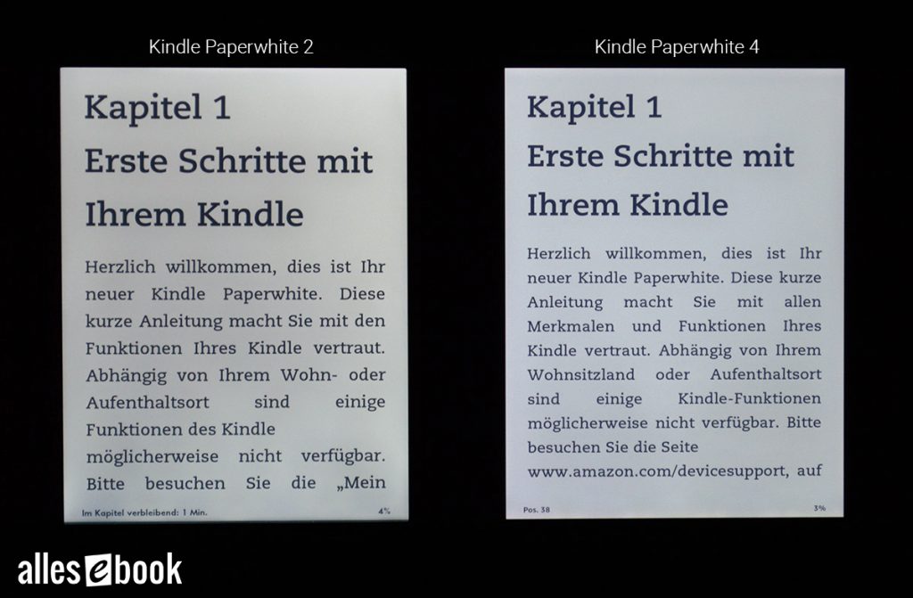 Kindle Paperwhite 2 und Paperwhite 4 im Beleuchtungsvergleich.