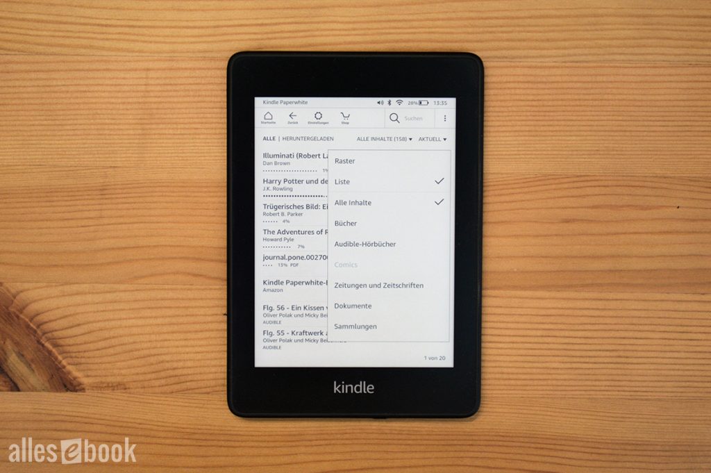 Bibliotheksfilter und Listenansicht