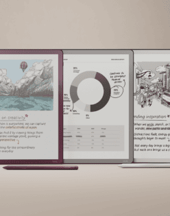 Kindle Scribe Colorsoft, Kindle Scribe und Kindle Scribe ohne Frontlicht nebeneinander mit Stiften