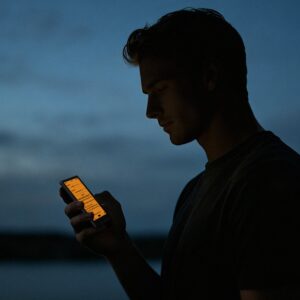 Mann liest in der Abenddämmerung auf dem Xteink X4 Pro, dessen Display warm-orange beleuchtet ist